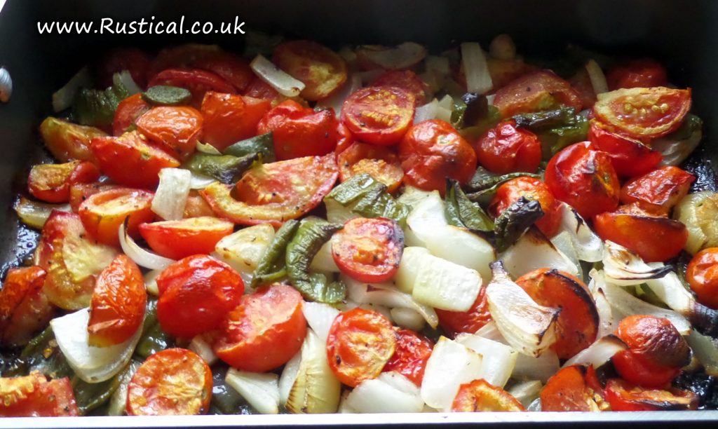 Roasted onions, garlic, peppers and tomatoes