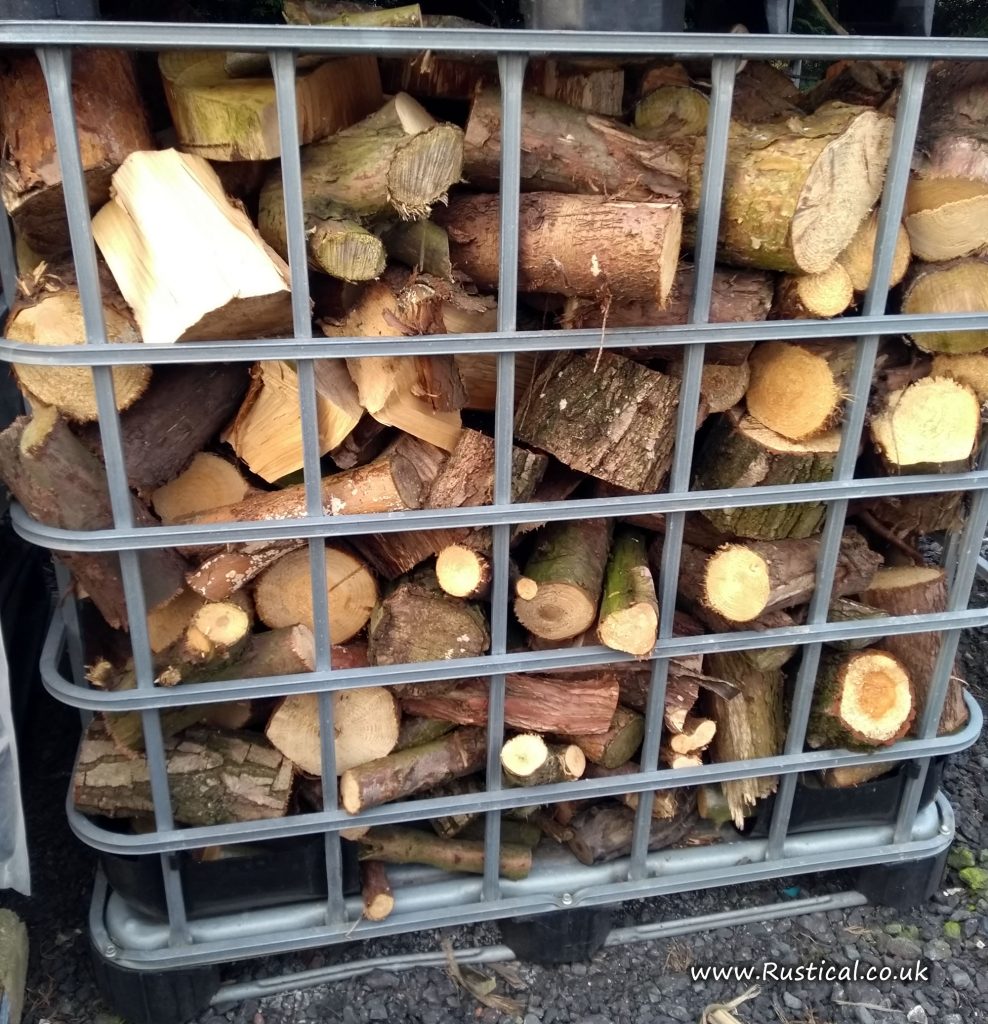 An IBC crate of mixed firewood