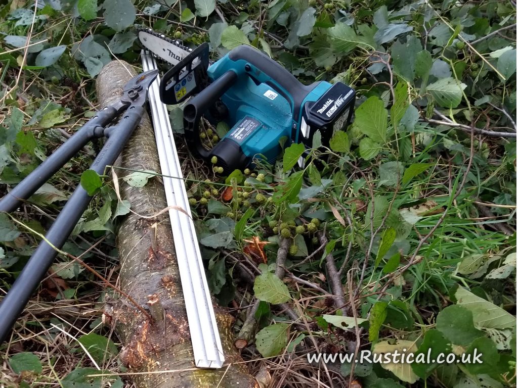 Our first battery chainsaw cutting coppice